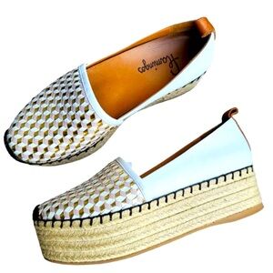 Flamingos platform espadrille.  White and blush and metallic leather. 10. Cute!!